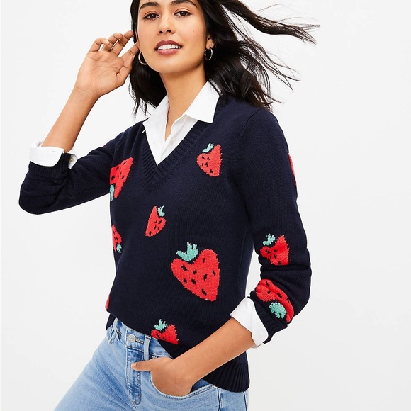 LOFT Sweaters - LOFT Strawberry V-Neck Sweater in Navy Blue Size X-Small